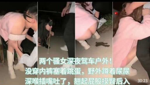 两个骚女深夜驾车户外，没穿内裤塞着跳蛋，野外蹲着尿尿，深喉插嘴吐了，翘起屁股摸臀后入