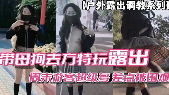 【户外露出调教系列】带母狗去方特玩露出_周末游客多差点被围观